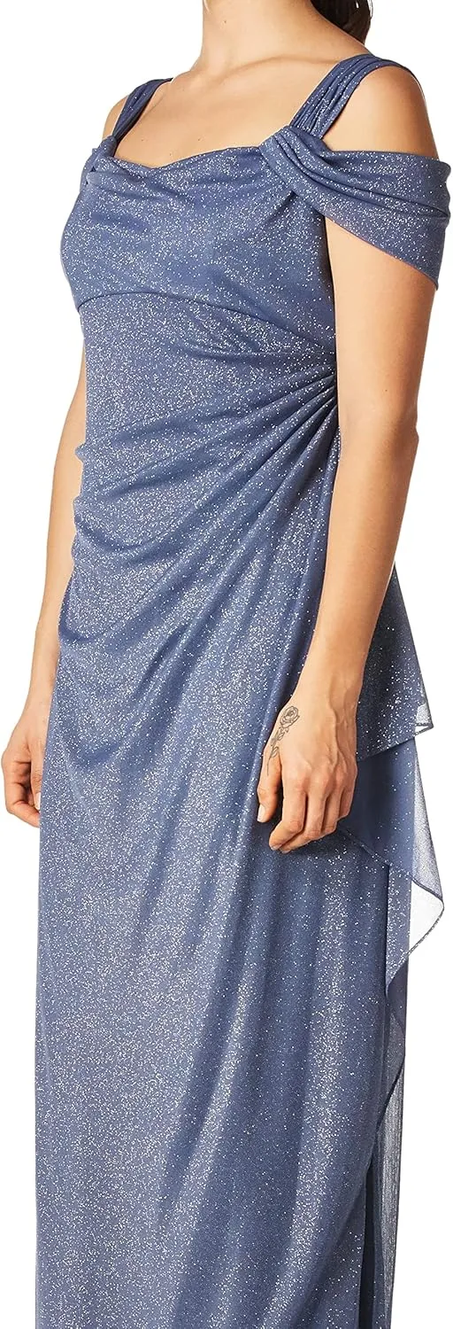 Alex Evenings Women's Long Cold Shoulder Dress, Mother of The Bride, Formal Events, (Petite and Regular Sizes)