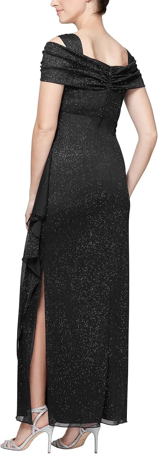 Alex Evenings Women's Long Cold Shoulder Dress, Mother of The Bride, Formal Events, (Petite and Regular Sizes)