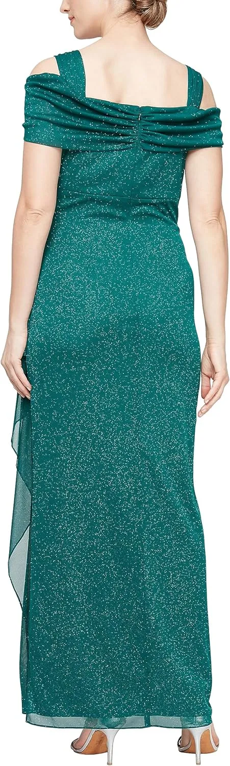 Alex Evenings Women's Long Cold Shoulder Dress, Mother of The Bride, Formal Events, (Petite and Regular Sizes)