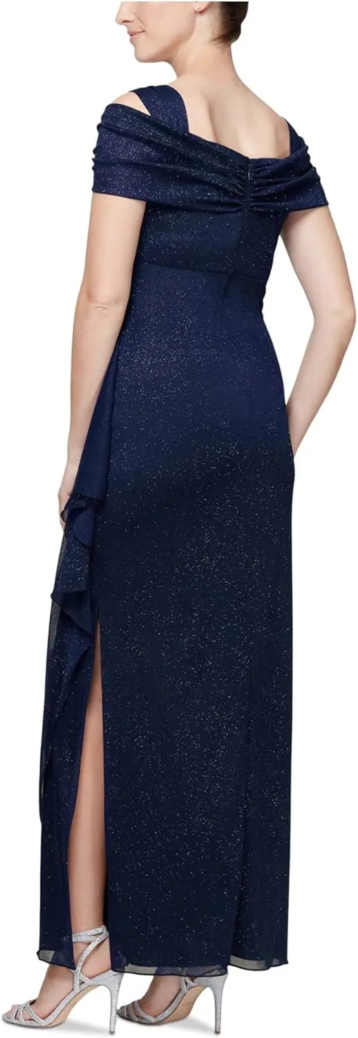 Alex Evenings Women's Long Cold Shoulder Dress, Mother of The Bride, Formal Events, (Petite and Regular Sizes)