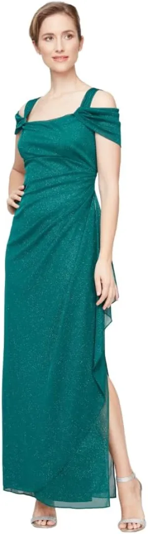 Alex Evenings Women's Long Cold Shoulder Dress, Mother of The Bride, Formal Events, (Petite and Regular Sizes)