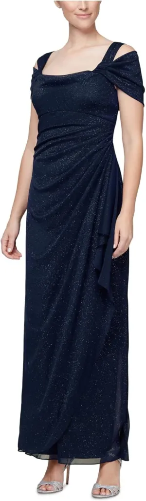 Alex Evenings Women's Long Cold Shoulder Dress, Mother of The Bride, Formal Events, (Petite and Regular Sizes)