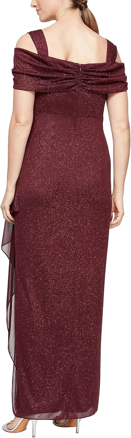 Alex Evenings Women's Long Cold Shoulder Dress, Mother of The Bride, Formal Events, (Petite and Regular Sizes)