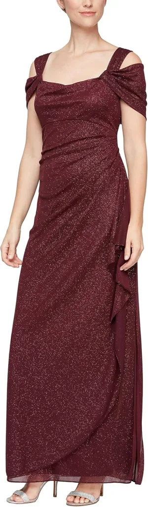 Alex Evenings Women's Long Cold Shoulder Dress, Mother of The Bride, Formal Events, (Petite and Regular Sizes)