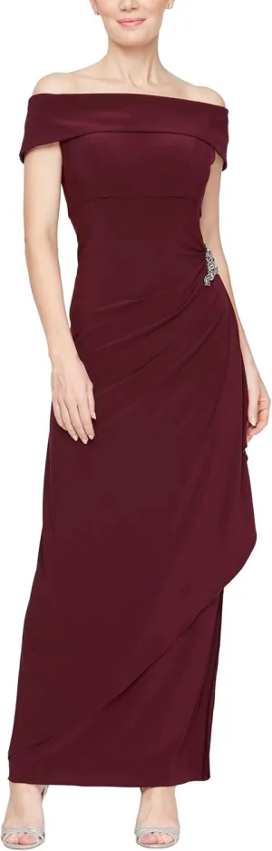 Alex Evenings Women's Long Foldover Off The Shoulder Gown, Formal Event, Mother of The Bride Dress