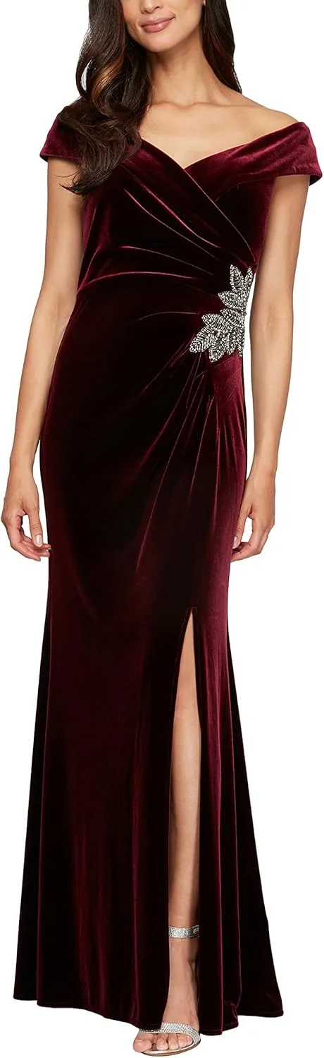 Alex Evenings Women's Long Off The Shoulder Fit and Flare Dress