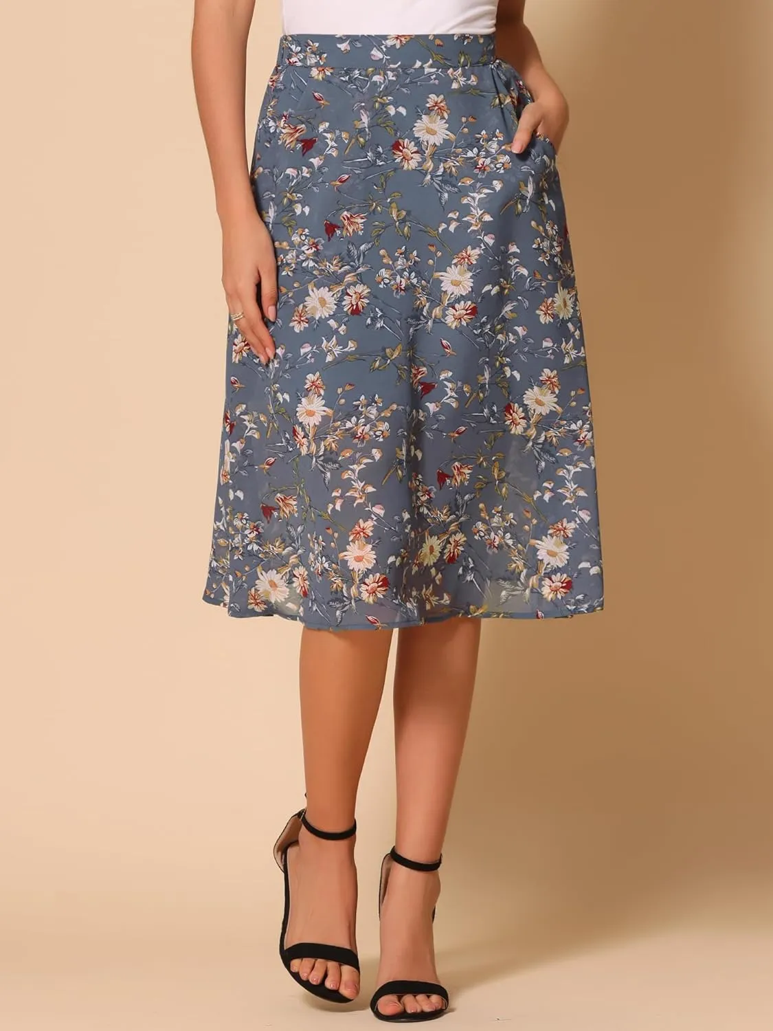 Allegra K Women's A-Line Midi Skirt Floral Print Chiffon Vintage 2024 Summer Skirts