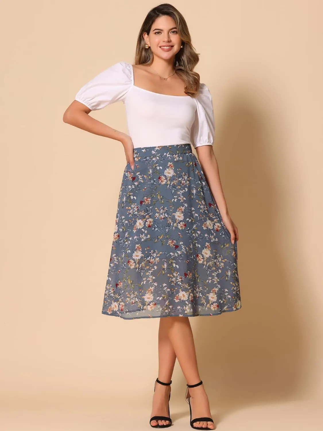 Allegra K Women's A-Line Midi Skirt Floral Print Chiffon Vintage 2024 Summer Skirts