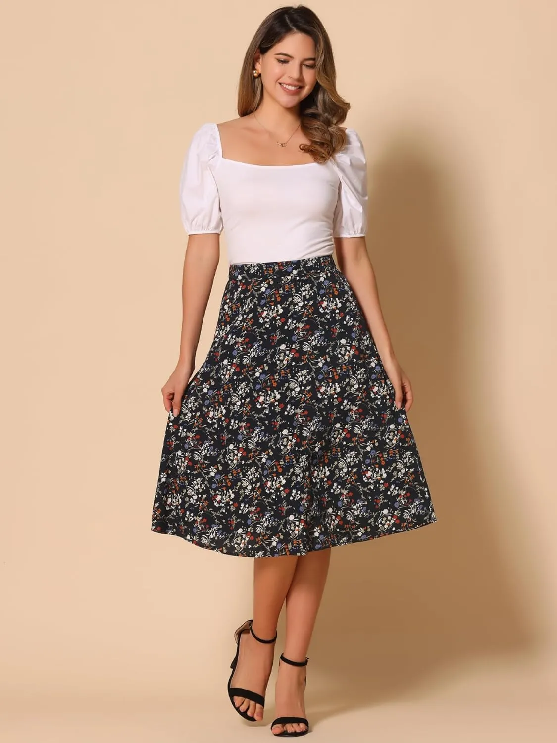 Allegra K Women's A-Line Midi Skirt Floral Print Chiffon Vintage 2024 Summer Skirts