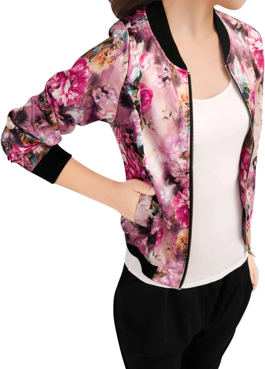 Allegra K Women's Bomber Jacket Long Sleeve Casual Coat Zipper Floral Print Outwear Tops Windbreaker with Pocket