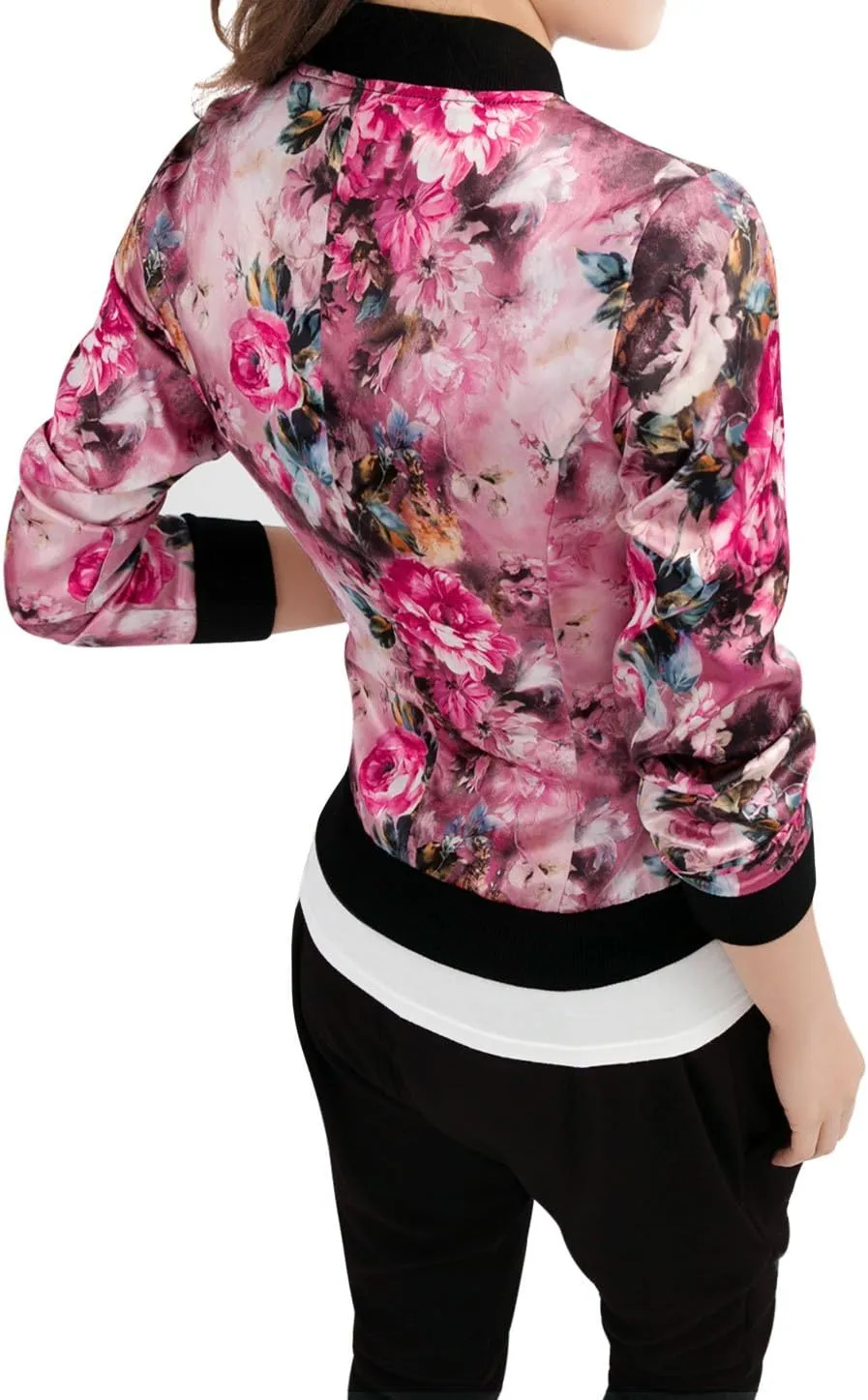 Allegra K Women's Bomber Jacket Long Sleeve Casual Coat Zipper Floral Print Outwear Tops Windbreaker with Pocket
