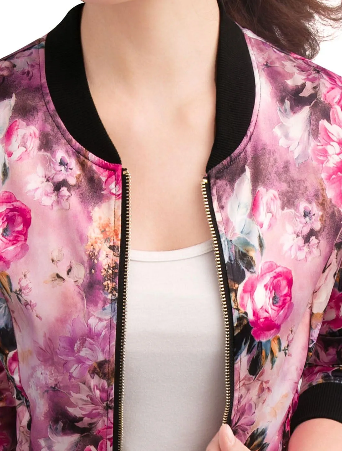 Allegra K Women's Bomber Jacket Long Sleeve Casual Coat Zipper Floral Print Outwear Tops Windbreaker with Pocket