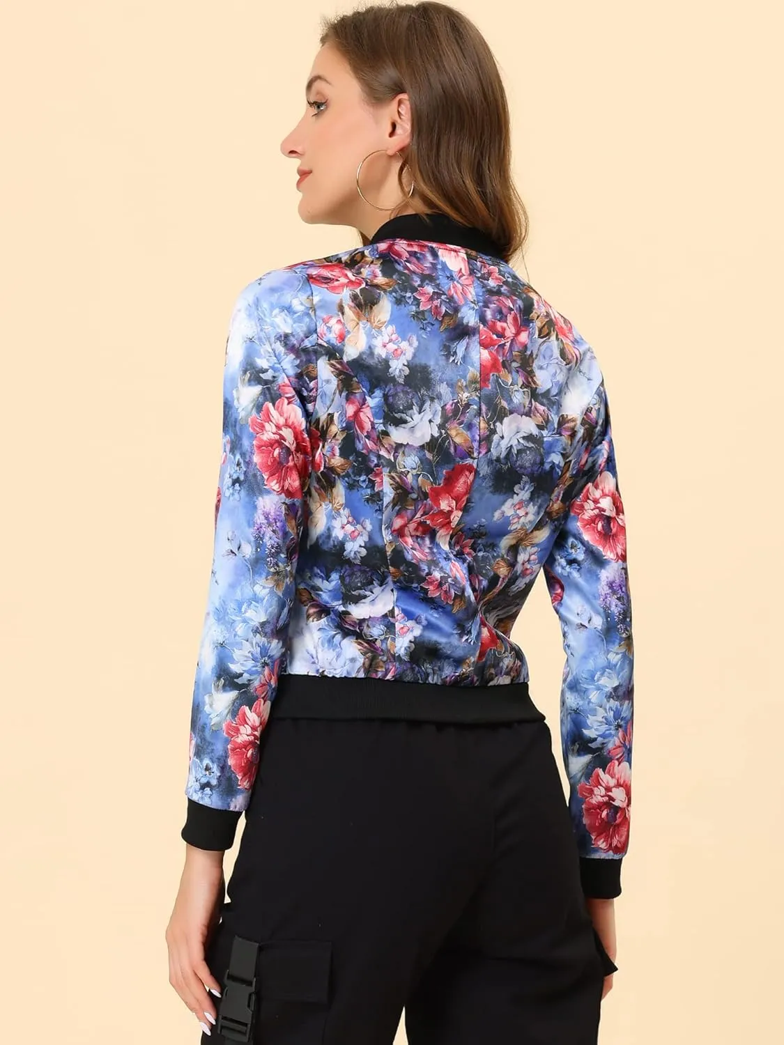 Allegra K Women's Bomber Jacket Long Sleeve Casual Coat Zipper Floral Print Outwear Tops Windbreaker with Pocket