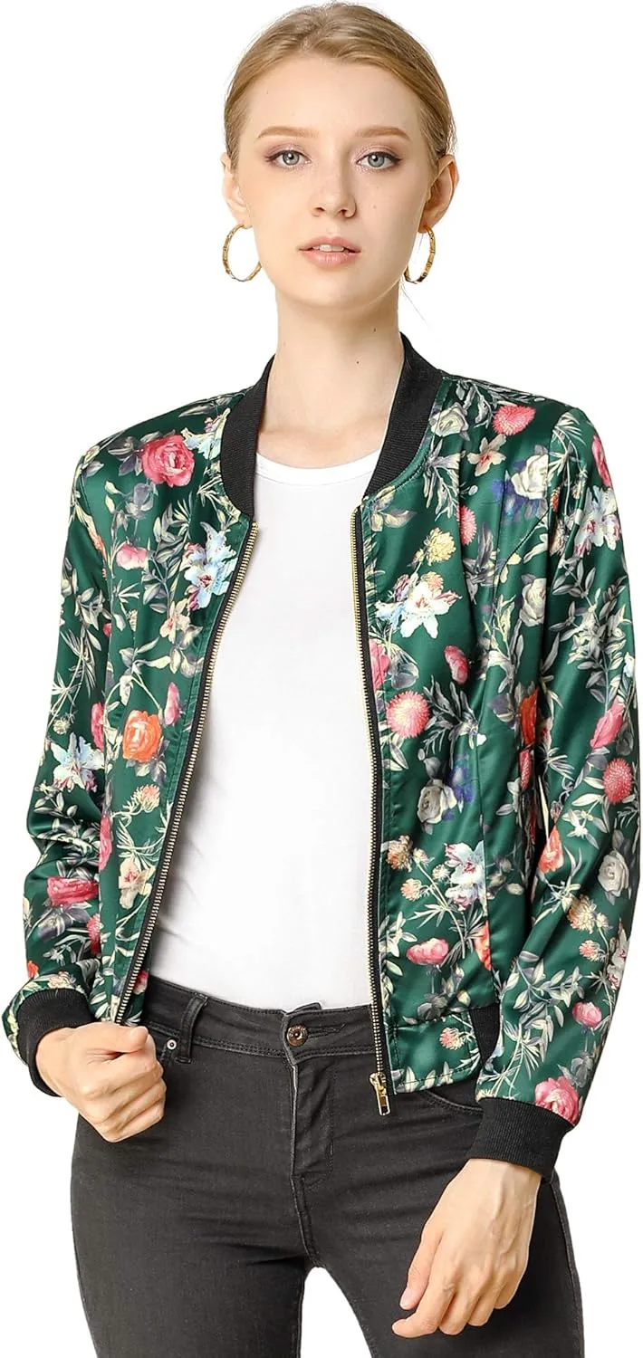 Allegra K Women's Bomber Jacket Long Sleeve Casual Coat Zipper Floral Print Outwear Tops Windbreaker with Pocket
