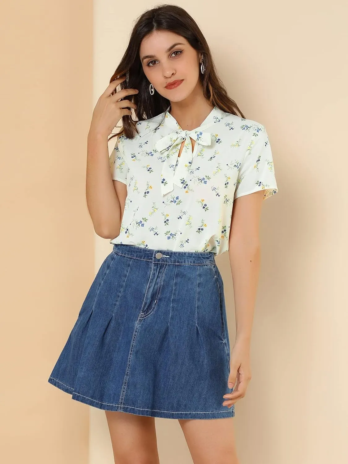 Allegra K Women's Bow Tie Neck Short Sleeve Printed Chiffon Blouse