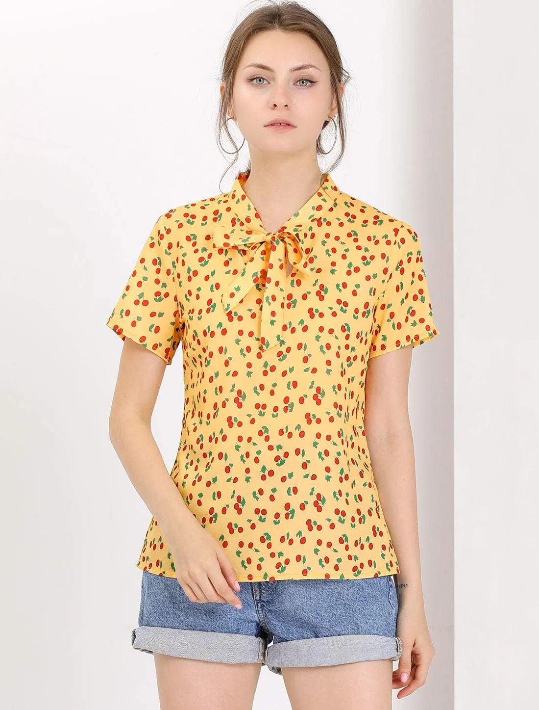 Allegra K Women's Bow Tie Neck Short Sleeve Printed Chiffon Blouse