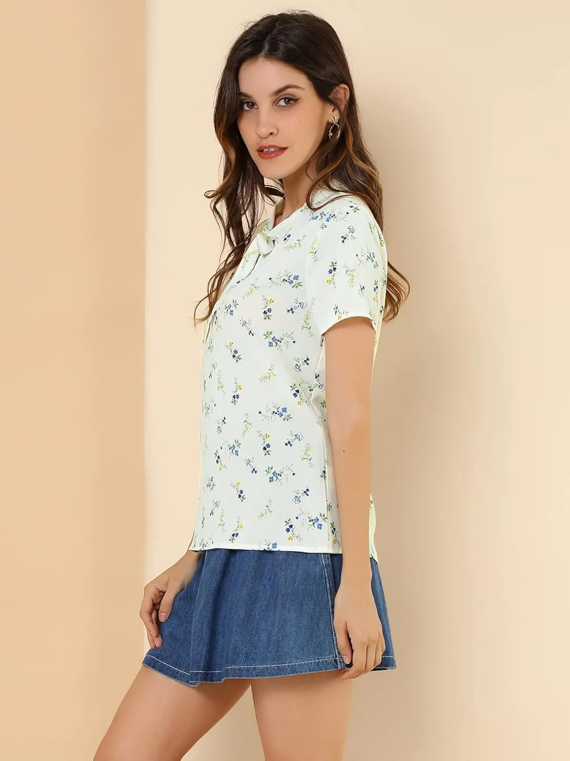 Allegra K Women's Bow Tie Neck Short Sleeve Printed Chiffon Blouse