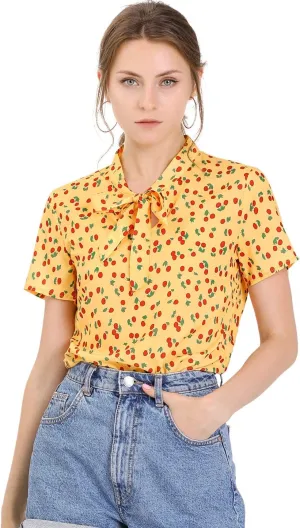 Allegra K Women's Bow Tie Neck Short Sleeve Printed Chiffon Blouse