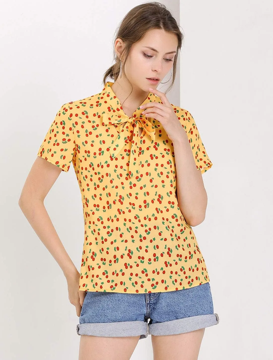 Allegra K Women's Bow Tie Neck Short Sleeve Printed Chiffon Blouse
