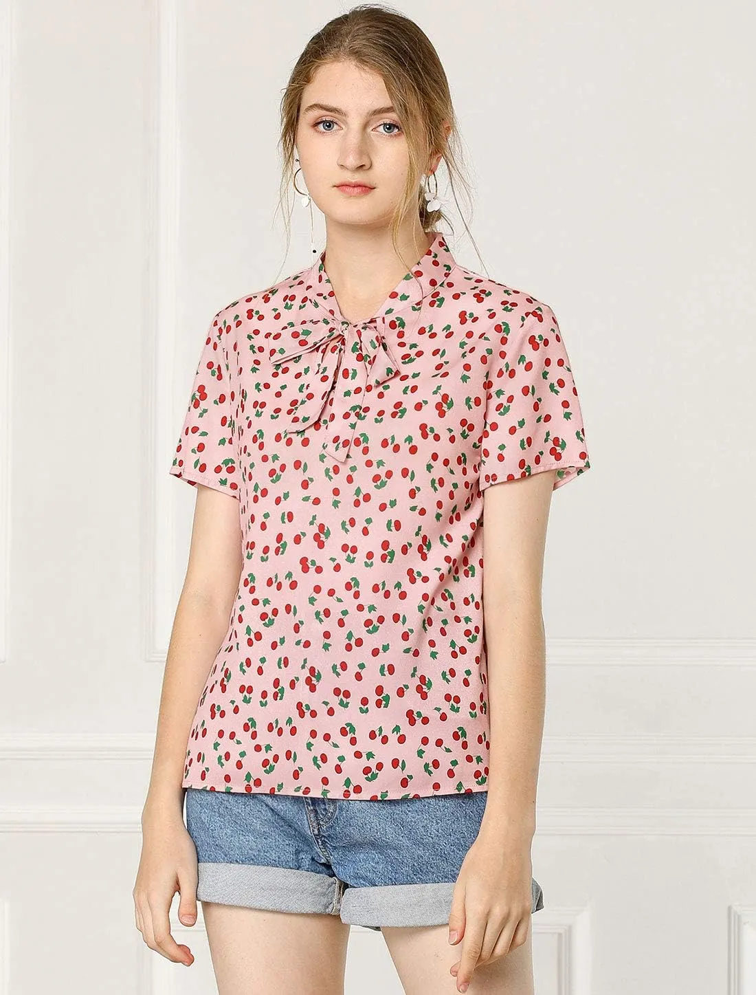 Allegra K Women's Bow Tie Neck Short Sleeve Printed Chiffon Blouse