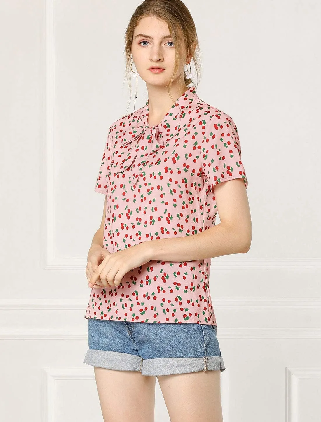 Allegra K Women's Bow Tie Neck Short Sleeve Printed Chiffon Blouse