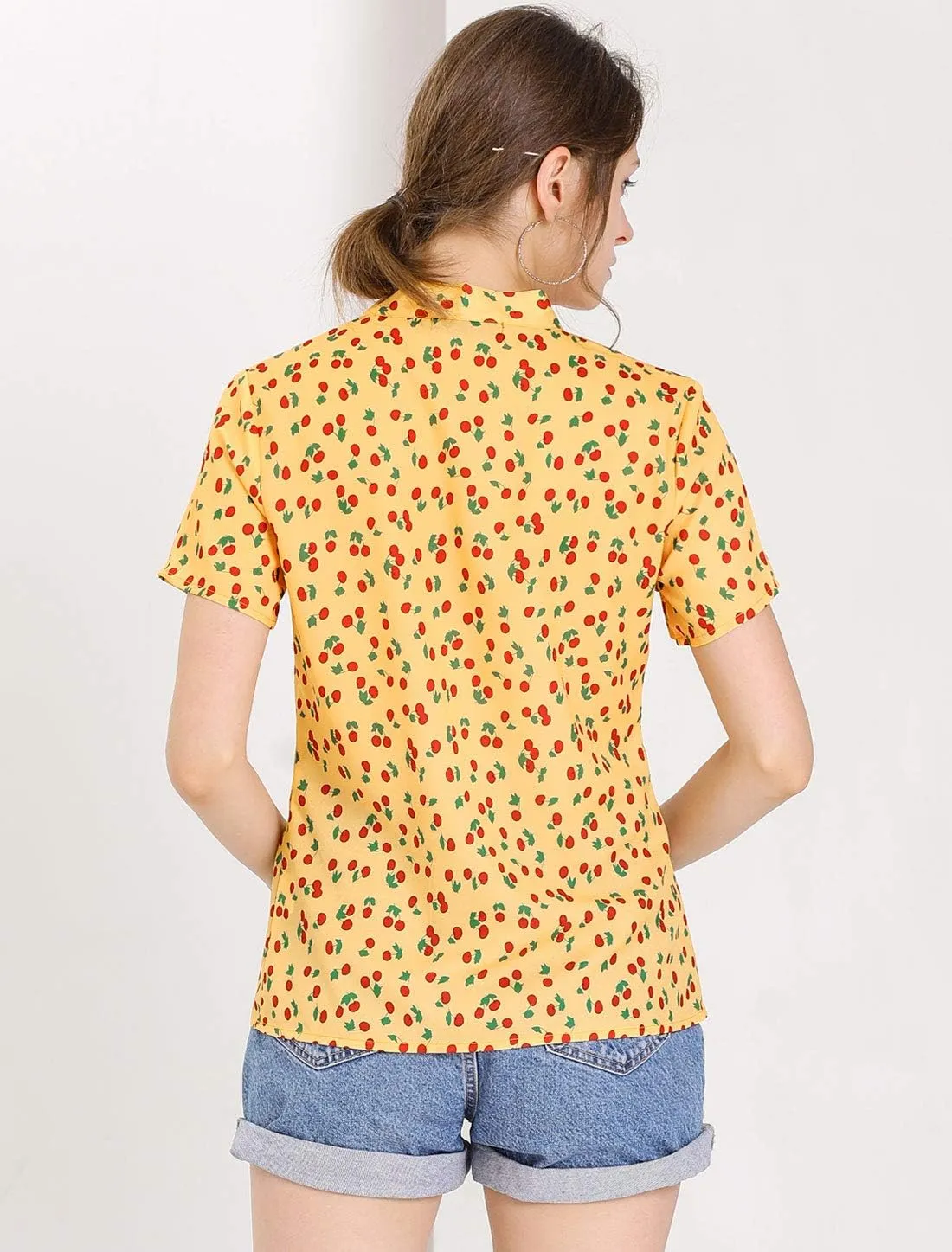 Allegra K Women's Bow Tie Neck Short Sleeve Printed Chiffon Blouse