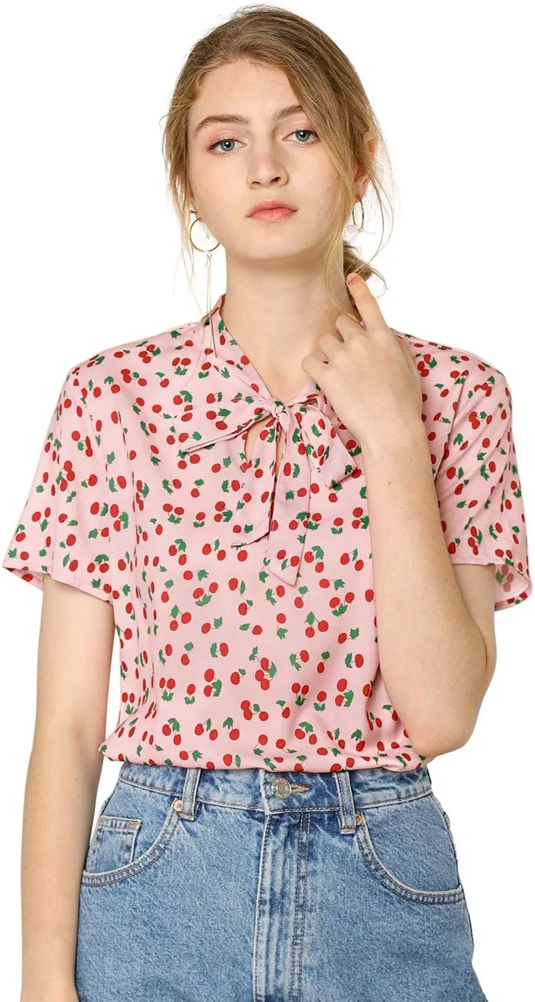 Allegra K Women's Bow Tie Neck Short Sleeve Printed Chiffon Blouse