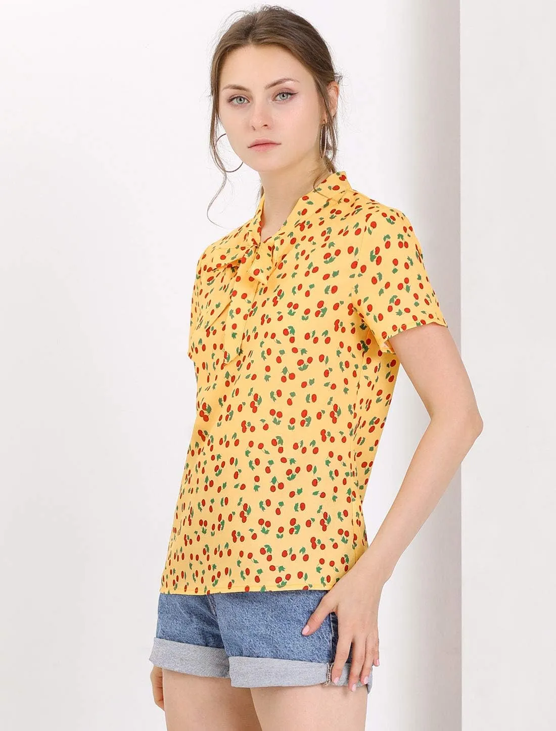 Allegra K Women's Bow Tie Neck Short Sleeve Printed Chiffon Blouse