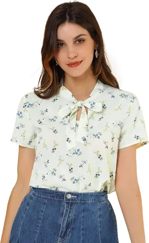 Allegra K Women's Bow Tie Neck Short Sleeve Printed Chiffon Blouse