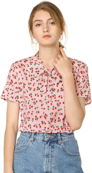 Allegra K Women's Bow Tie Neck Short Sleeve Printed Chiffon Blouse