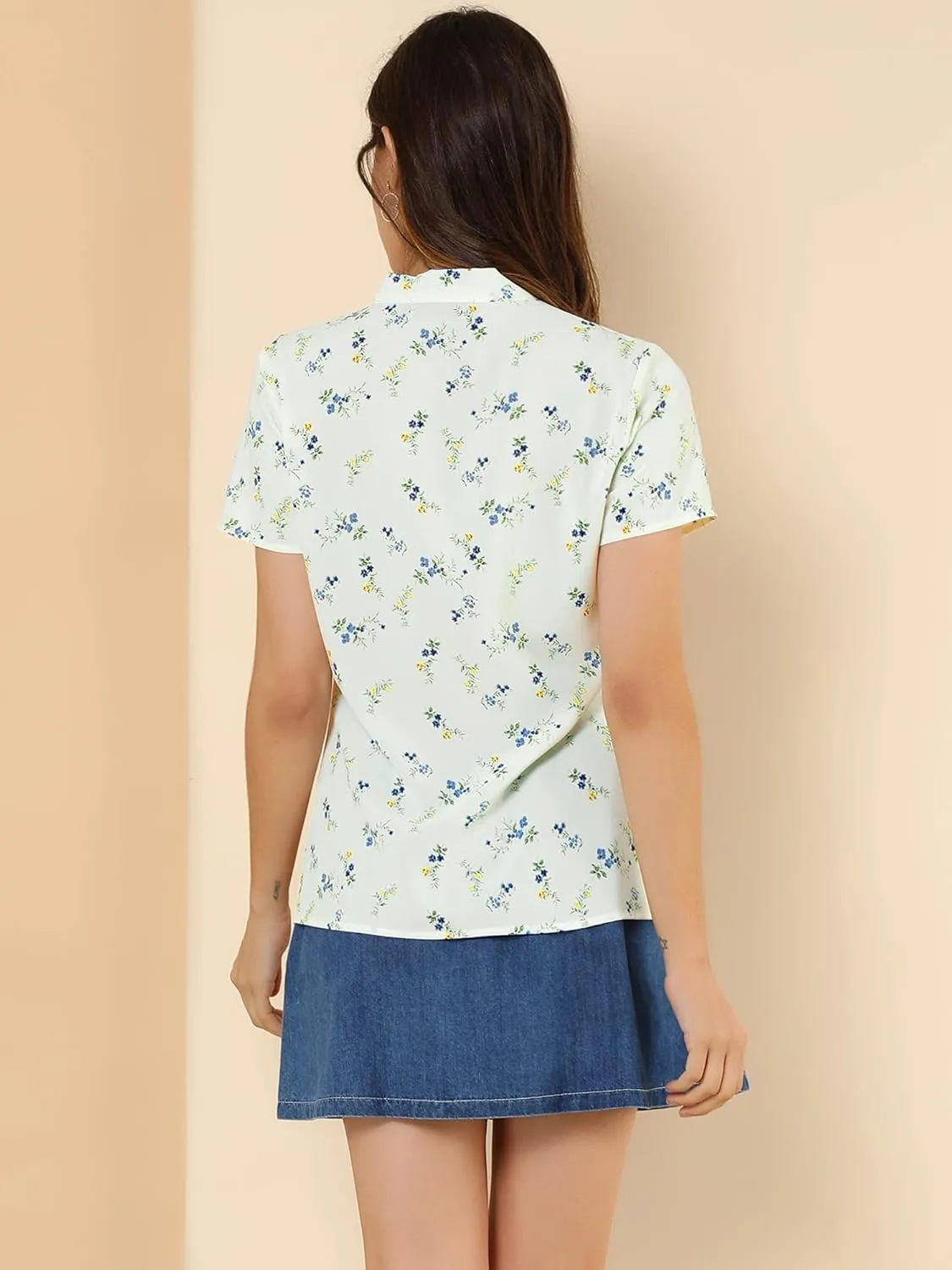 Allegra K Women's Bow Tie Neck Short Sleeve Printed Chiffon Blouse