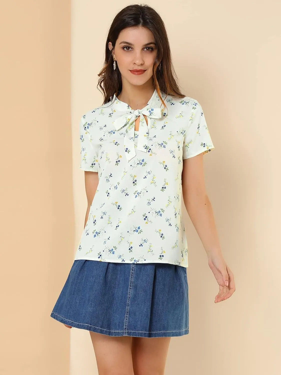 Allegra K Women's Bow Tie Neck Short Sleeve Printed Chiffon Blouse