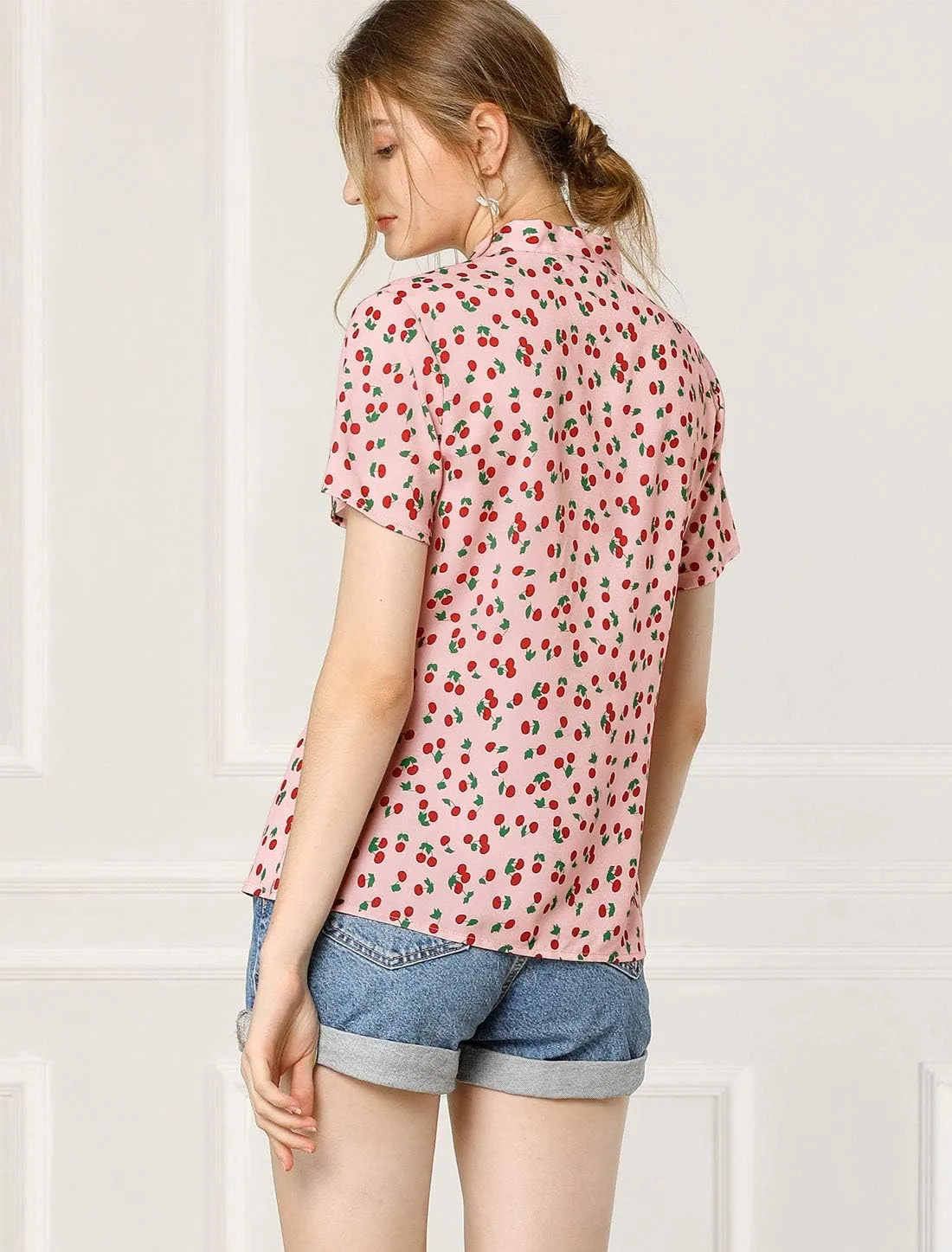 Allegra K Women's Bow Tie Neck Short Sleeve Printed Chiffon Blouse