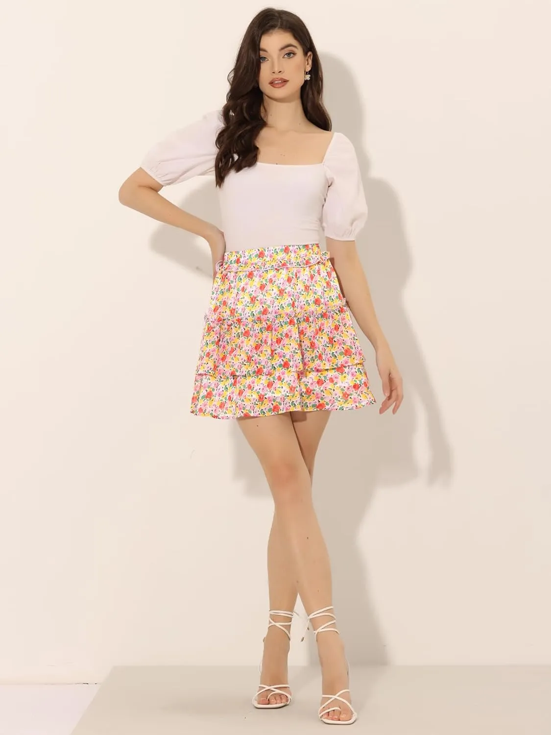 Allegra K Women's Layered Ruffle Hem Elastic Waist A-Line Skater Floral Mini Skirt