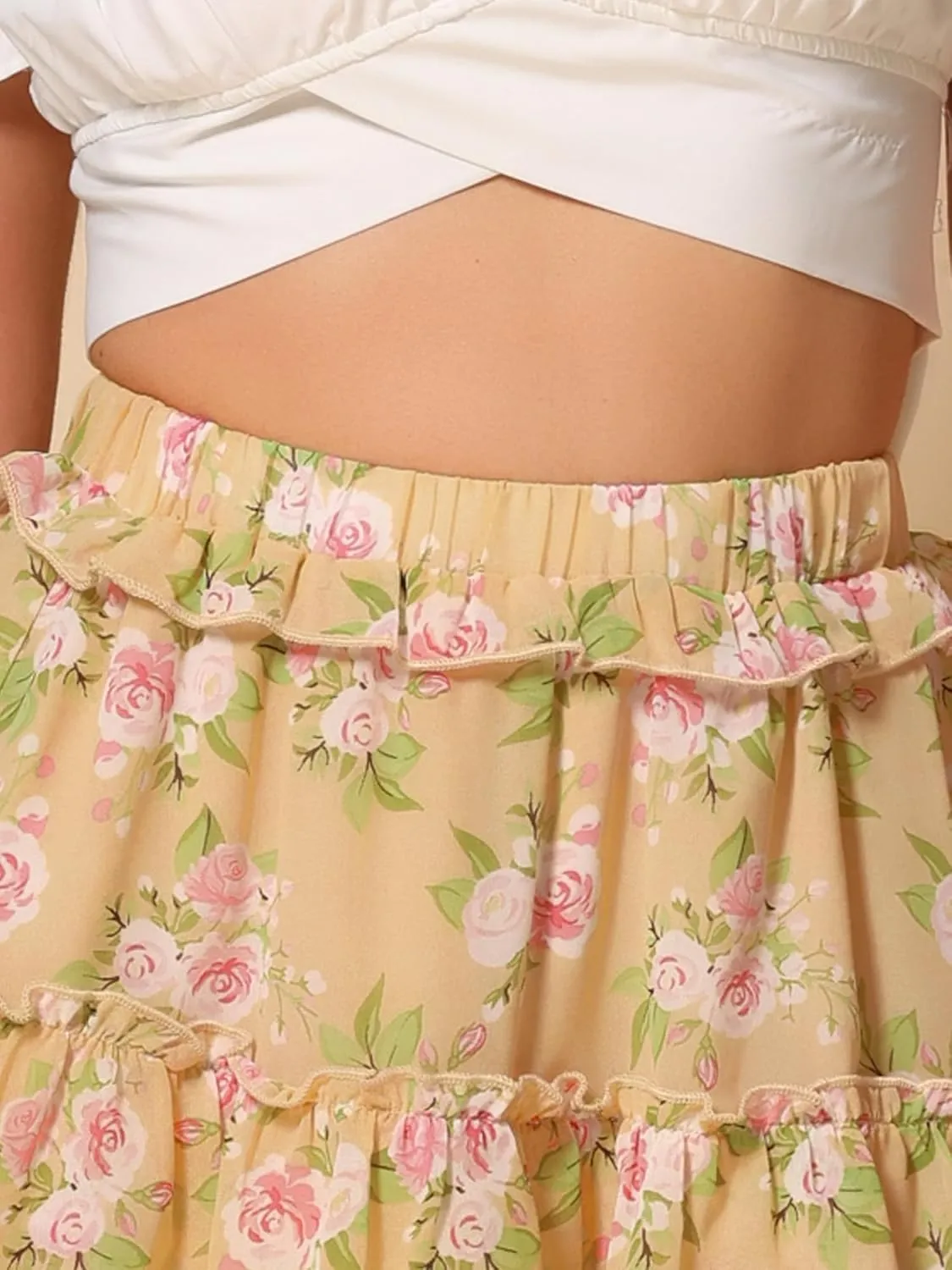 Allegra K Women's Layered Ruffle Hem Elastic Waist A-Line Skater Floral Mini Skirt
