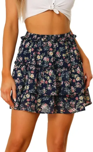 Allegra K Women's Layered Ruffle Hem Elastic Waist A-Line Skater Floral Mini Skirt