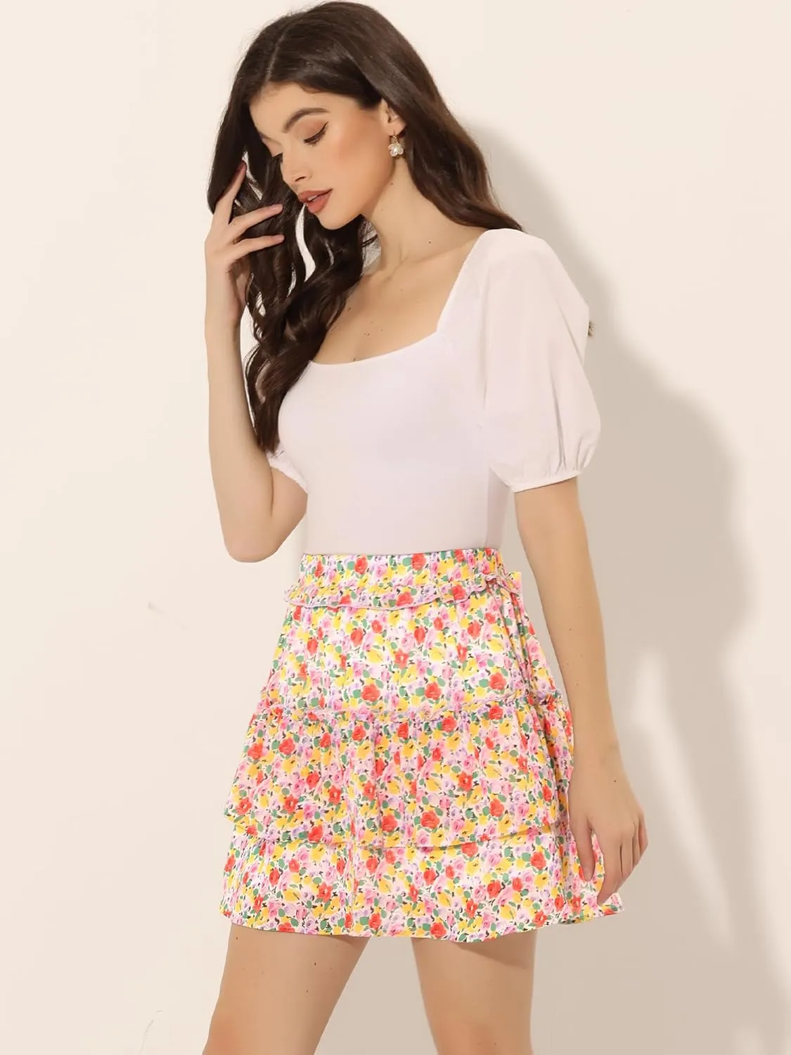 Allegra K Women's Layered Ruffle Hem Elastic Waist A-Line Skater Floral Mini Skirt