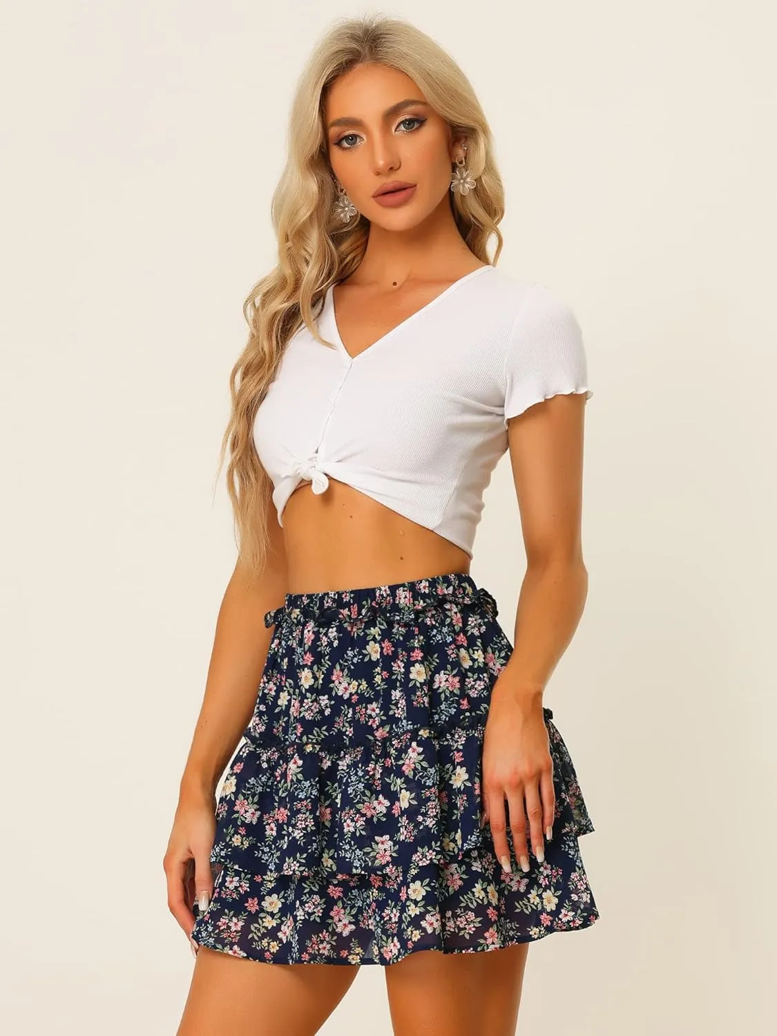 Allegra K Women's Layered Ruffle Hem Elastic Waist A-Line Skater Floral Mini Skirt