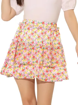 Allegra K Women's Layered Ruffle Hem Elastic Waist A-Line Skater Floral Mini Skirt
