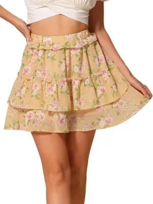Allegra K Women's Layered Ruffle Hem Elastic Waist A-Line Skater Floral Mini Skirt