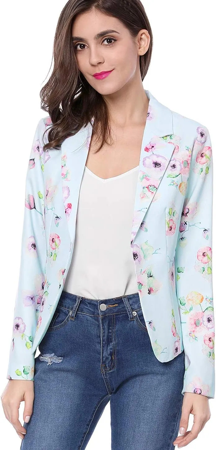 Allegra K Women's Work Casual Fitted Blazer Notch Lapel Printed Open Front Suit Jacket