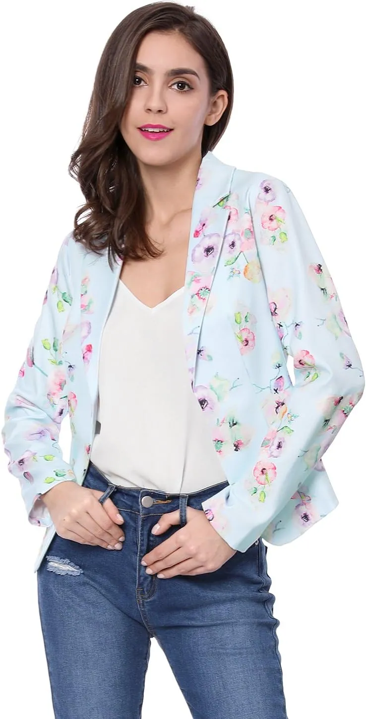 Allegra K Women's Work Casual Fitted Blazer Notch Lapel Printed Open Front Suit Jacket