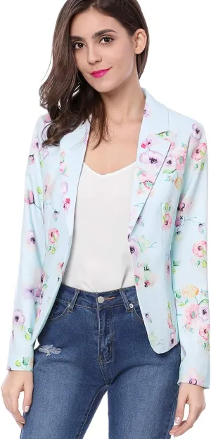 Allegra K Women's Work Casual Fitted Blazer Notch Lapel Printed Open Front Suit Jacket