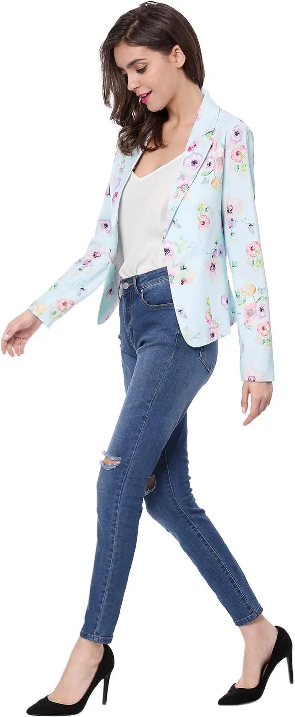 Allegra K Women's Work Casual Fitted Blazer Notch Lapel Printed Open Front Suit Jacket