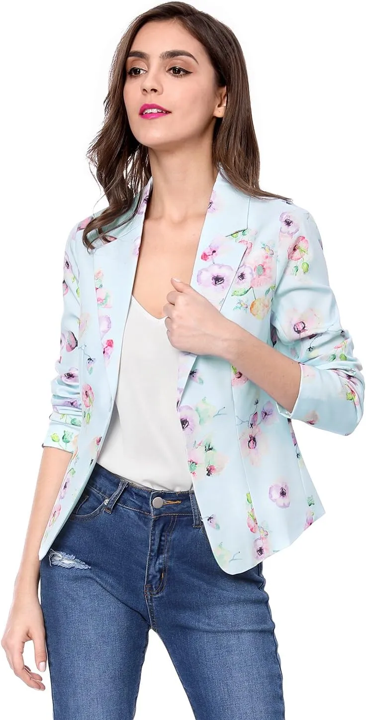 Allegra K Women's Work Casual Fitted Blazer Notch Lapel Printed Open Front Suit Jacket