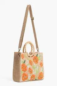 America & Beyond Floral Beaded Jute Handbag