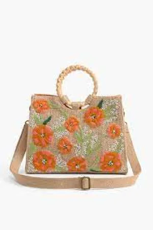 America & Beyond Floral Beaded Jute Handbag