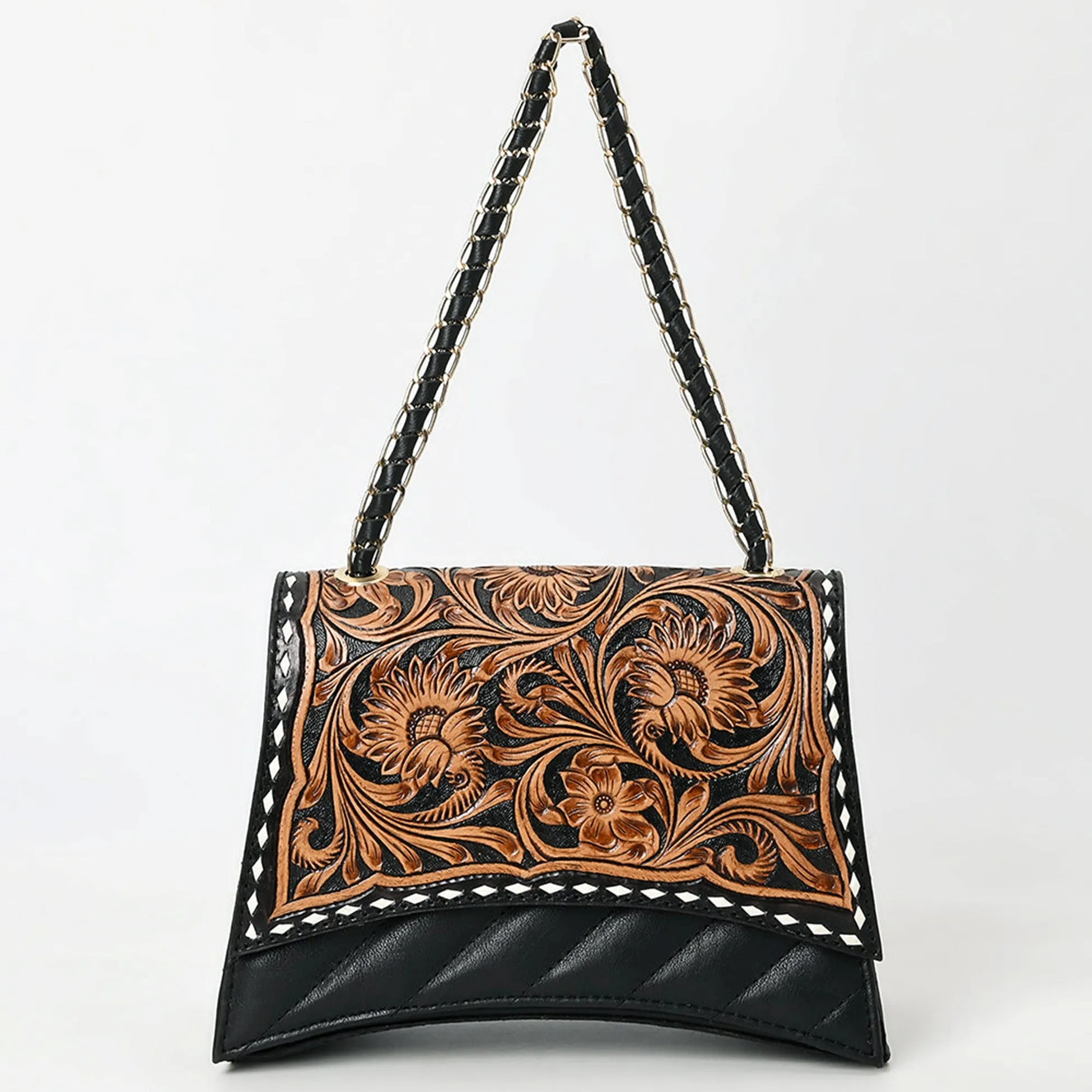 American Darling Black and Hand Tooled Genuine Leather Western Crossbody Bag