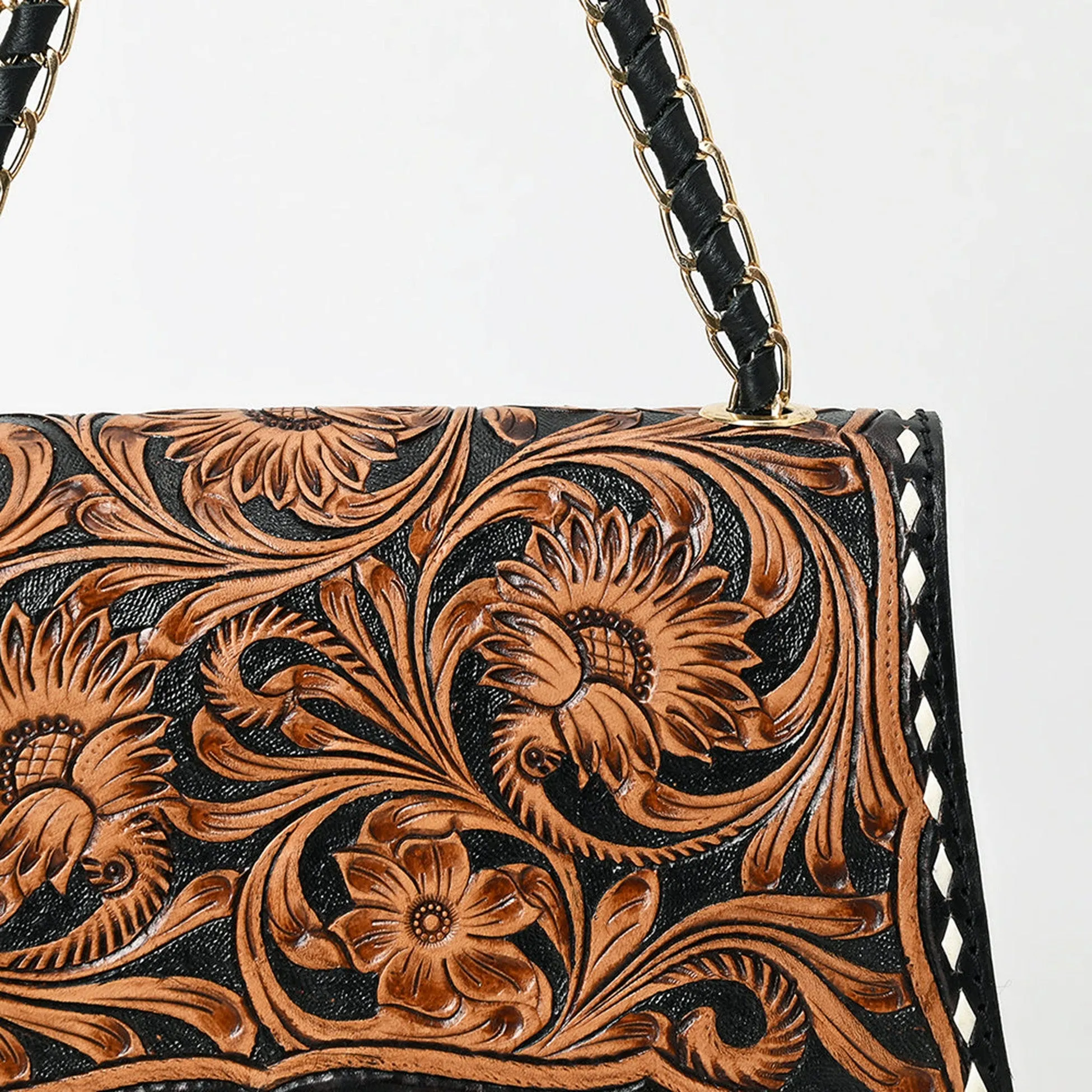 American Darling Black and Hand Tooled Genuine Leather Western Crossbody Bag