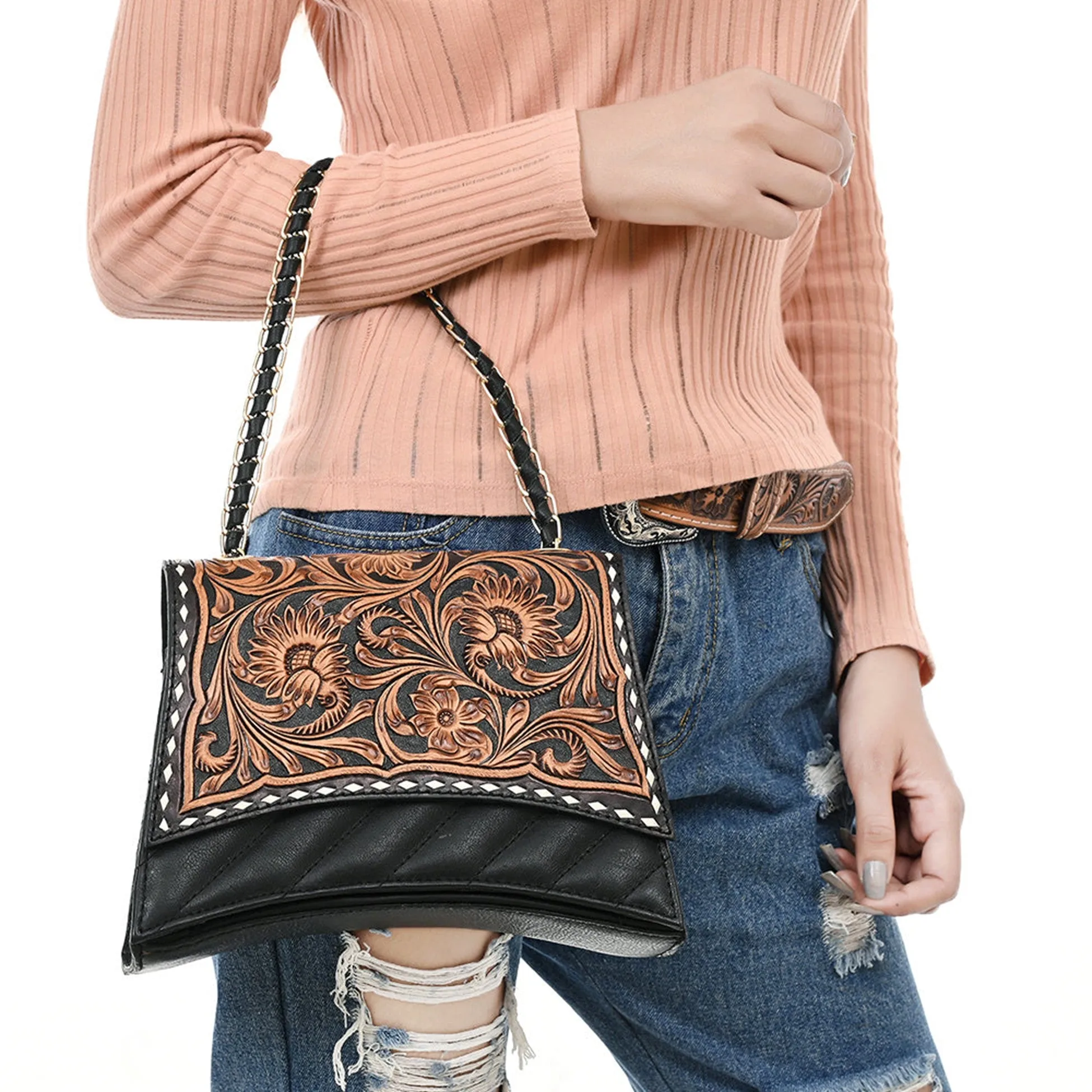 American Darling Black and Hand Tooled Genuine Leather Western Crossbody Bag